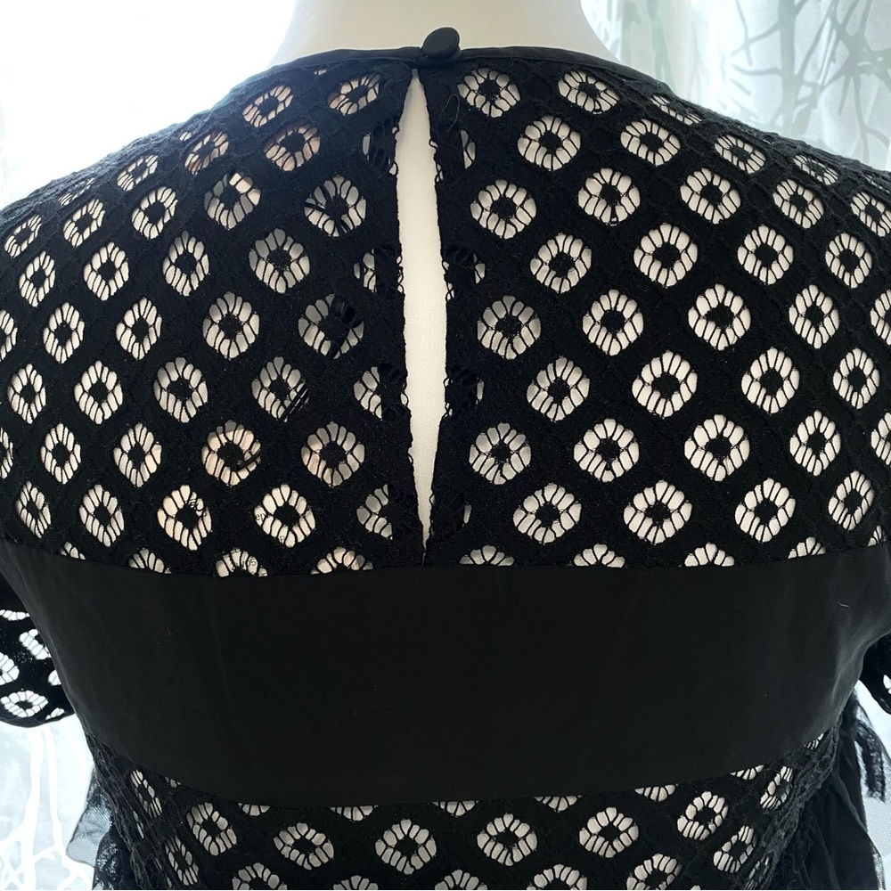 CINQ A SEPT BLACK SHEER LACE SILK MESH RUFFLE ROWS CREWNECK DELPHINE TOP BLOUSE - Picture 5 of 10